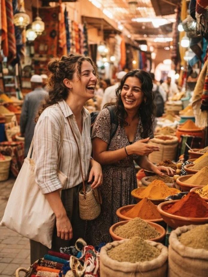 Two travellers laughing at a spice stall in a market
