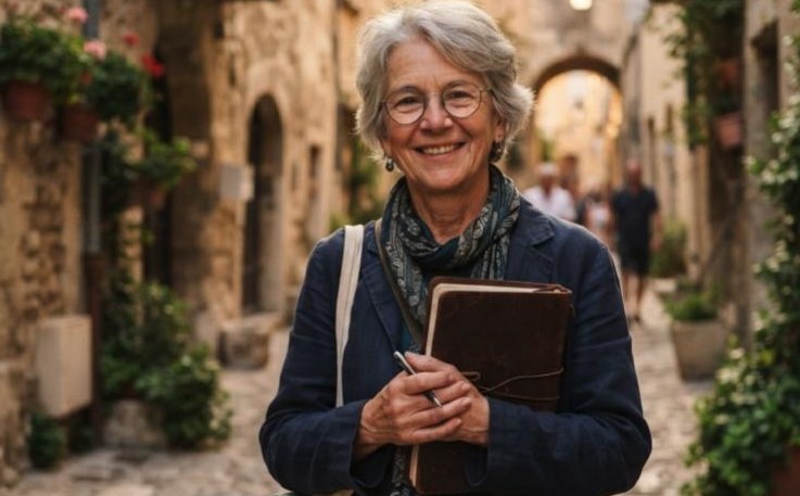 A local historian holding a notebook in a stone alley